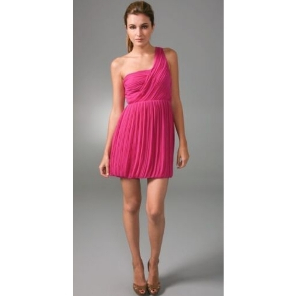 Theory Women Pink One-Shoulder Silk Pleated Mini Cocktail Georgette Dress Size 4